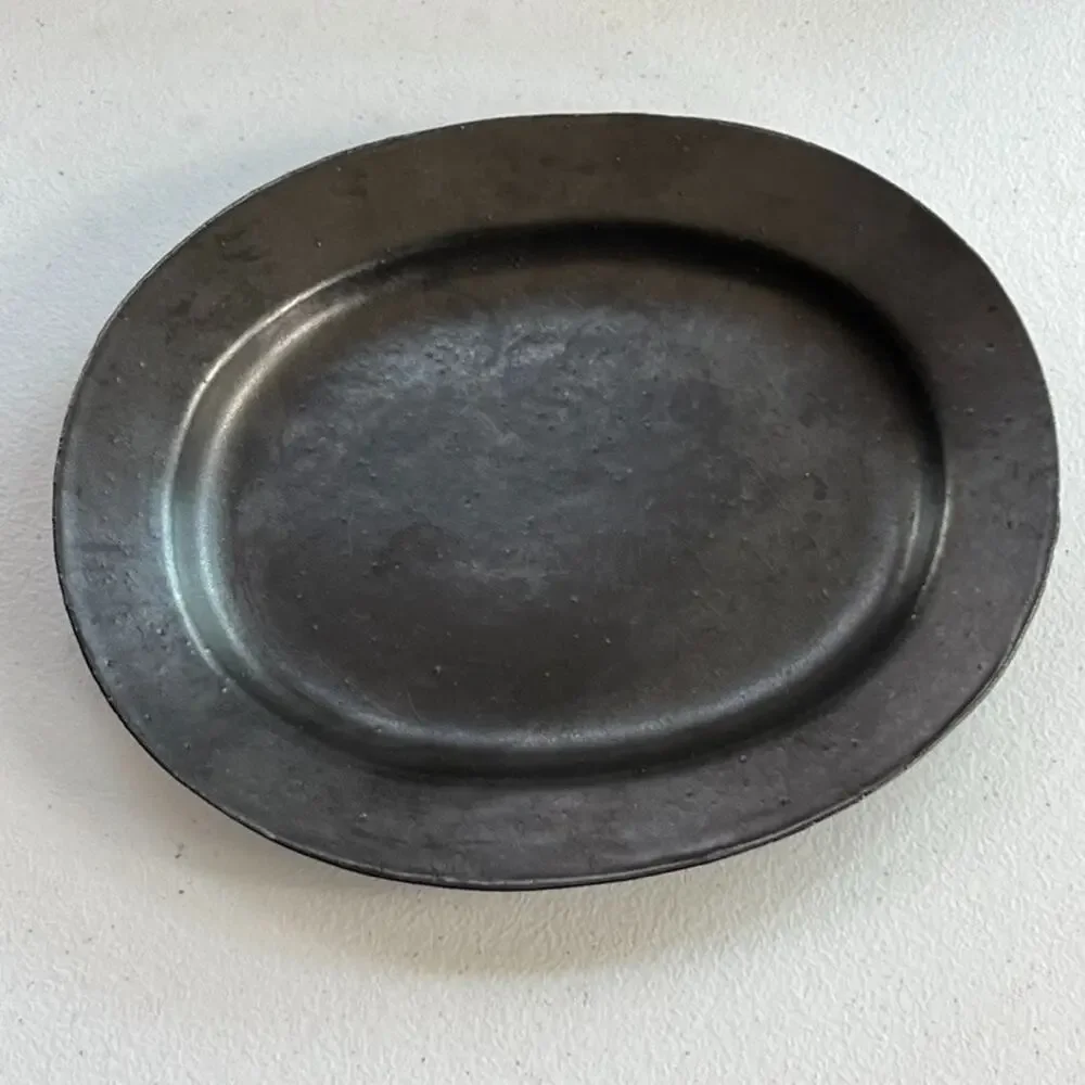 Black Clay Trinket Dish Tray Plate With Raised Edges 8.5 in Unique Marked